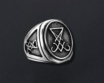 Bague Sigil of Lucifer en acier au titane – Bijoux occultes gothiques