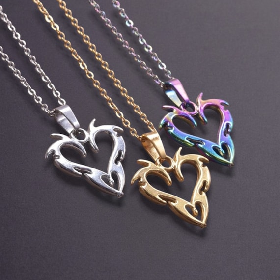 Edgy Unisex Heart Necklace 90s Tribal Style Stainless Steel