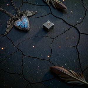Pu&ograve; includere: Una collana con ciondolo a forma di cuore argentato con dettagli blu e ali d'angelo. Accanto c'&egrave; una piccola scatola quadrata di metallo con dettagli incisi. Sono presenti anche due piume marroni, il tutto su una superficie scura e strutturata.