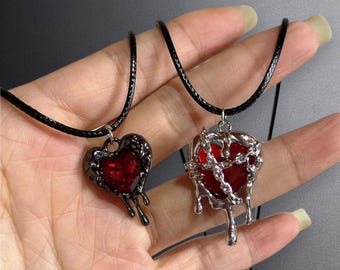 Lava Red Heart Pendant Necklace - Gothic Dripping Heart Jewelry with Silver Branch Wrap - Dark Aesthetic Jewelry Fashion - Unique Gift