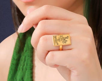 Ace of Pentacles Tarot Card Ring, Silver or Gold, Witchcraft Jewelry