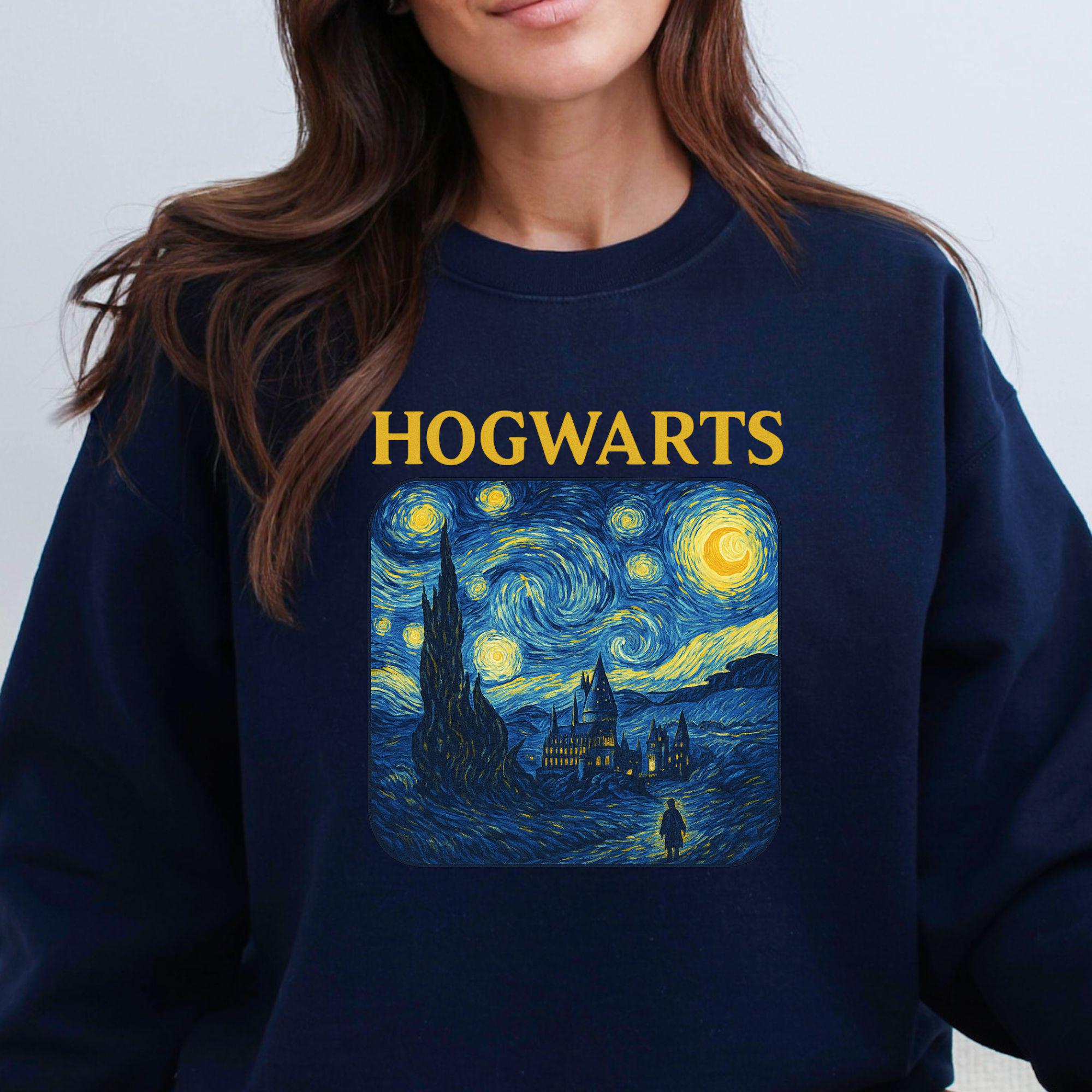 Hogwarts Starry Night Shirt – Wizard Aesthetic T-Shirt, Magic Art Tee, Van Gogh Inspired Fantasy Shirt, Castle Silhouette Gift Tee