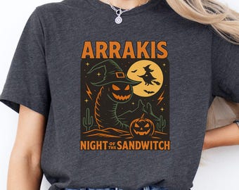 T-shirt Arrakis Night of the Sandwitch : t-shirt fantasmagorique de la sorcière du désert, chemise graphique Halloween rétro vers des sables
