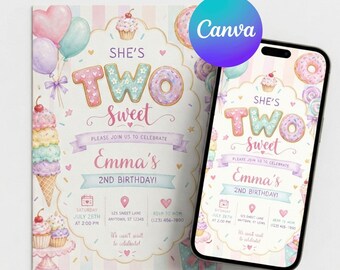 Invitación de cumpleaños para dos dulces, plantilla editable de Canva, invitación digital de cumpleaños con temática de helados, fiesta de dulces, cumpleaños de niña en tonos pastel, segundo cumpleaños.