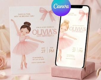 Ballet Birthday Invitation Template, Watercolor Ballerina Invite, Pink Gold Editable Canva Template, Digital Ballet Party Invitation