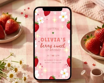 Berry First Birthday Video Invitation, Strawberry Birthday Video Invitation, Strawberry Party Invite, Canva Template, Mobile