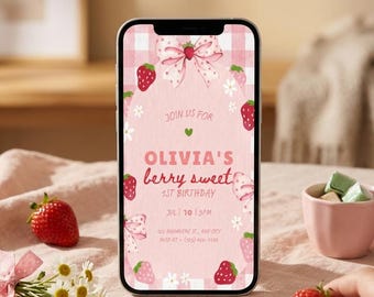 Berry First Birthday Video Invitation, Strawberry Birthday Video Invitation, Pink Berry Sweet Invite, Canva Template