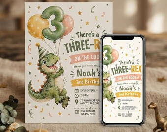 Three Rex Birthday Invitation, Dinosaur 3rd Birthday Invite, T Rex Balloon Party, Editable Canva Template, Digital Dino Invitation