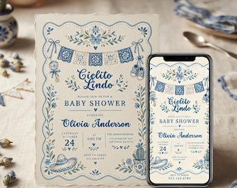 Cielito Lindo Baby Shower Invitation, Cielito Lindo Invitation, Mexican Baby Shower, Blue Boy Baby Shower, Sombrero Cactus, Digital Template