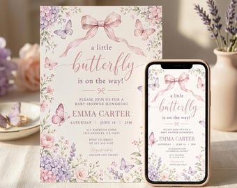 Butterfly Baby Shower Invitation, A Little Butterfly Is On The Way, Pink Purple Bow Coquette Canva Template