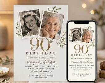90th Birthday Invitation, Photo Birthday Invite, Elegant Digital Invitation, Digital Template