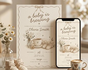 A Baby Is Brewing Invitation, Coffee Baby Shower Template, Neutral Beige Gingham Digital Invite, Canva