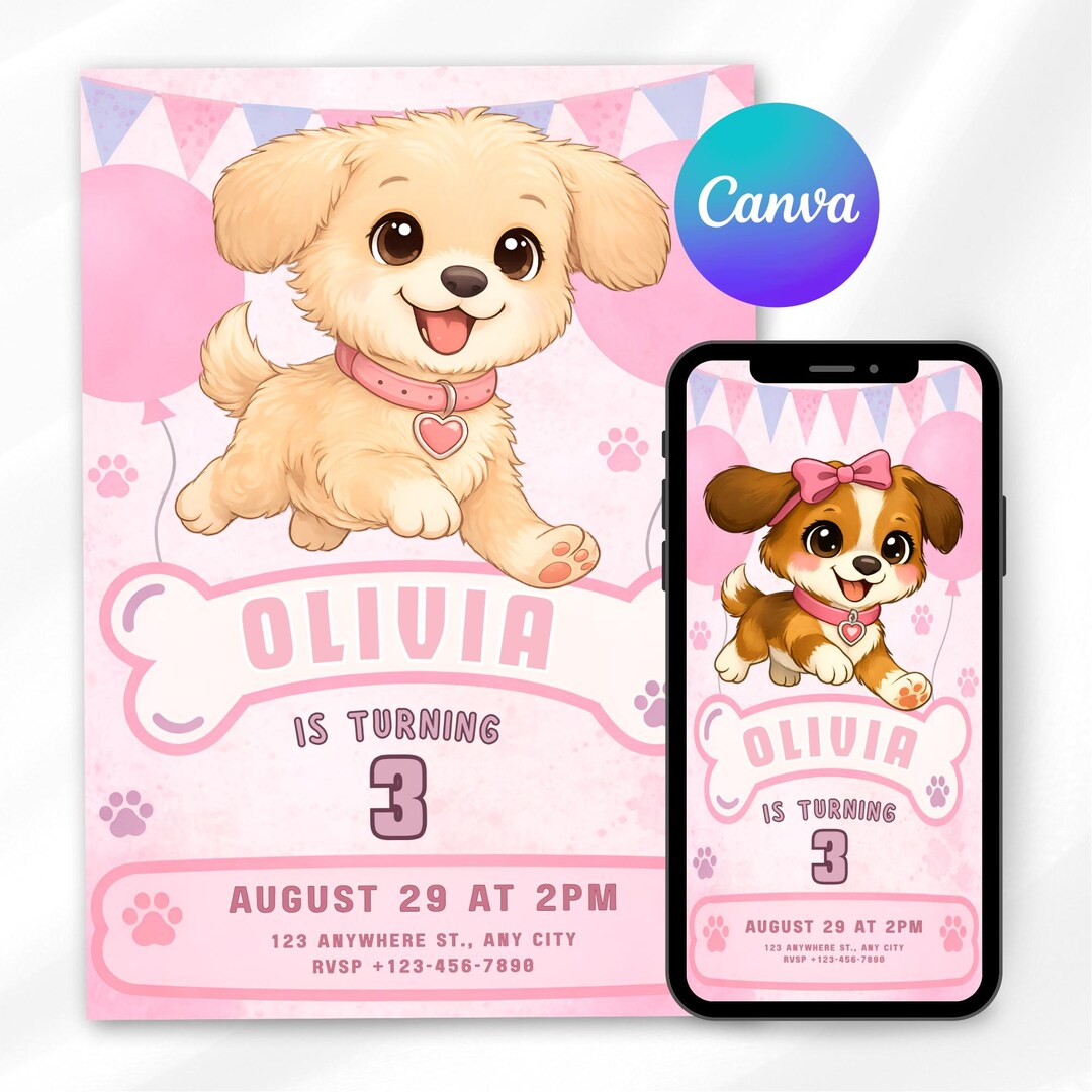 Girl Puppy Party Invitation Template, Editable Paw-ty Birthday Template ...
