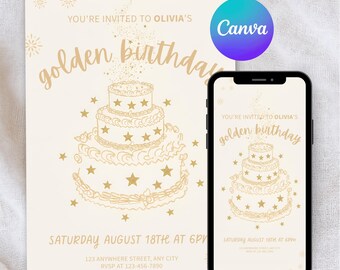 Plantilla de invitación de cumpleaños dorada, elegante invitación de fiesta de cumpleaños dorada, diseño minimalista de pastel de estrellas para cumpleaños de adultos, descarga digital, Evite