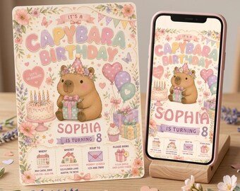 Invitación de cumpleaños de capibara, invitación para fiesta de capibara, invitación divertida retro de cumpleaños de animales, invitación digital