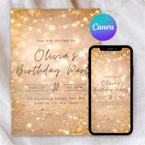 Op de afbeelding: Een gouden glitter verjaardagsuitnodiging met lichtslingers. De tekst luidt "You are invited to Olivia's Birthday Party" met de datum 30 augustus om 20.00 uur. Een smartphone toont dezelfde uitnodiging.