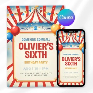 Circus Birthday Invitation Template, Pink Blue Gold Carnival Party Invite, Editable Digital Download, Carousel Theme, 5x7 A6 Mobile Format