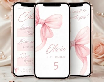 Pink Bow Birthday Invitation Video, Editable Canva Template, Elegant Animated Party Invite, Luxury Digital Birthday Video Invitation, Mobile