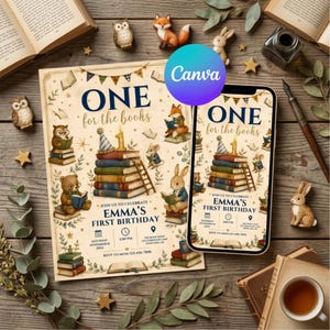 Op de afbeelding: Een verjaardagsuitnodigingssjabloon met een stapel boeken en een kaars met het cijfer één, omringd door illustraties van een uil, vos, beer en konijn die lezen. De tekst luidt ONE for the books, EMMA'S FIRST BIRTHDAY en evenementdetails.