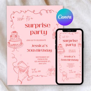 Surprise Party Invitation, Editable Birthday Invitation Template, Pink Champagne Birthday Invite, Elegant 30th Birthday, Digital Download