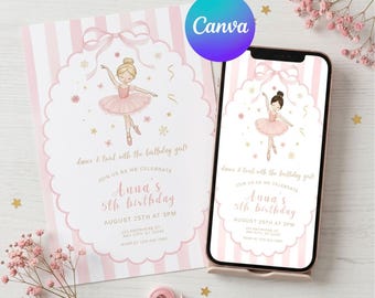 Ballet Birthday Invitation Template, Pink Gold Ballerina Invite, 5x7 A6 Mobile Editable, Digital Ballet Party Invitation for Kids, Canva