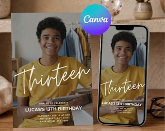 Invitación de cumpleaños para adolescentes, invitación con foto, invitación de cumpleaños para niño, invitación de cumpleaños número 13, plantilla de cumpleaños editable, descarga digital.