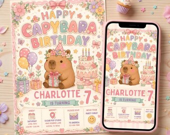 Invitación de cumpleaños de capibara, invitación para fiesta de capibara, invitación divertida retro de cumpleaños de animales, invitación digital