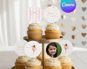 Gymnastics Cupcake Toppers Template, Pink Gymnast Cupcake Toppers, Gymnastics Party Decorations, Editable Canva Template, Digital Download