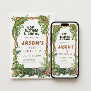 May include: A rectangular birthday invitation card and a smartphone displaying the same design. The invitation features a border of green vines, tropical leaves, and watercolour reptiles including an iguana, snake, turtle, and alligator.