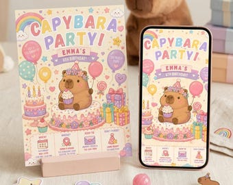 Invitación de cumpleaños de capibara, invitación para fiesta de capibara, invitación divertida retro de cumpleaños de animales, invitación digital