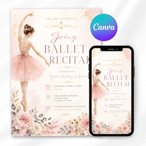 Op de afbeelding: Een gedrukte uitnodiging en een smartphonescherm met een aankondiging voor een lenteballetrecital. Het ontwerp toont een ballerina in een roze tutu, bloemaccenten en tekst met details over het evenement, de datum, de tijd en de locatie.