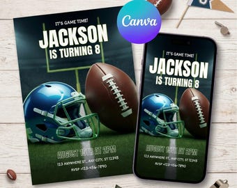 Invitación de cumpleaños de fútbol americano, invitación para fiesta de fútbol americano, plantilla editable de Canva, invitación de cumpleaños digital, imprimible para fiesta de fútbol americano