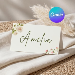 Tea Party Place Card Template, Floral Name Card, Tea Party Seating Card, Editable Canva Template, Digital Download