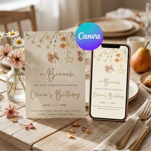 Brunch Birthday Invitation, Editable Brunch Invite Template, Boho Floral Birthday Invitation, Beige Digital Download, 5x7 Printable Invite