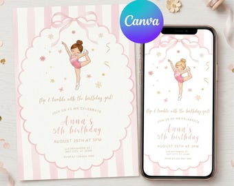 Gymnastics Birthday Invitation, Pink Gymnast Party Invite for Girls, Ballet Gym Birthday, Editable Canva Template, Digital, Mobile