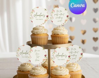 Plantilla para adornos de cupcakes para fiesta de té, decoraciones florales para fiesta de té, adornos imprimibles para cupcakes, plantilla editable de Canva, descarga digital.