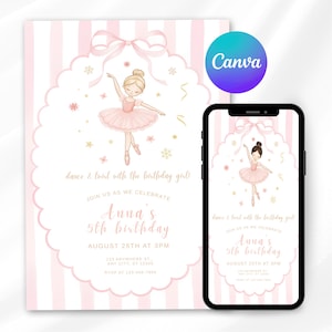 Ballet Birthday Invitation Template, Pink Gold Ballerina Invite, 5x7 A6 Mobile Editable, Digital Ballet Party Invitation for Kids, Canva