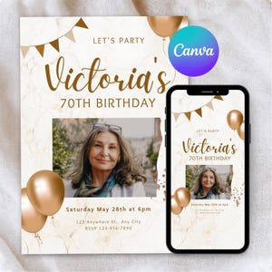 70th Birthday Invitation Digital Download, Elegant Marble Gold Photo Invite Evite Adults,  Editable Seventy Milestone Party, Canva Template
