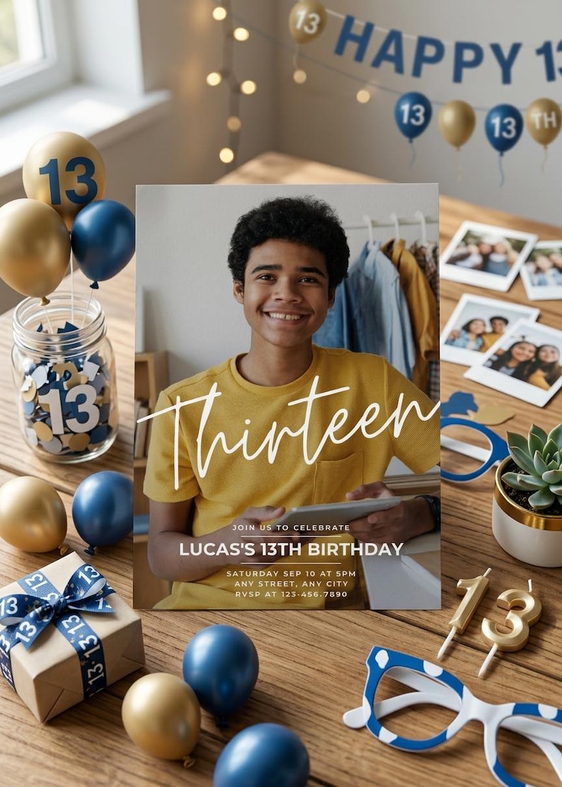 Teen Birthday Invitation, Photo Invitation, Boy Birthday Invite, 13th Birthday Invitation, Editable Birthday Template, Digital Download