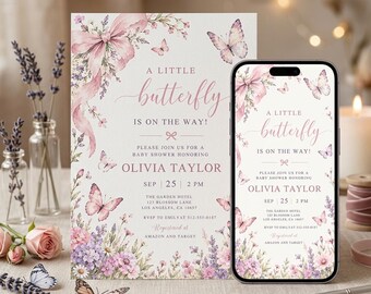 Butterfly Baby Shower Invitation, A Little Butterfly Is On The Way, Pink Purple Garden Floral Canva Template