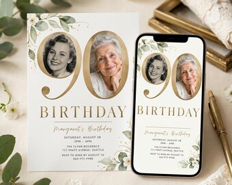90th Birthday Invitation, Photo Collage Birthday Invite, Elegant Gold Digital Invitation, Editable Canva Template, 90th Birthday Party