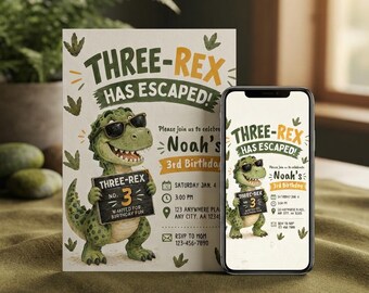 Three Rex Birthday Invitation, Dinosaur 3rd Birthday Invite, Dino Construction Party, Editable Canva Template, Digital Birthday Invitation