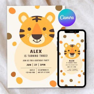 Op de afbeelding: Een verjaardagsuitnodiging met een cartoon tijgergezicht in oranje en bruin. De uitnodigingstekst luidt "ALEX WORDT DRIE!" met feestdetails. Een smartphone toont hetzelfde ontwerp. Het Canva-logo is zichtbaar.
