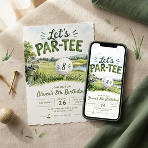 Op de afbeelding: Een verjaardagsuitnodigingskaart met golfthema en een smartphone met hetzelfde ontwerp. De kaart toont een golfbaan in aquarel, een golfbal met het cijfer 8 en de tekst Let's PAR-TEE, Oliver's 8th Birthday, August 26.