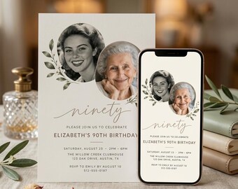 90th Birthday Invitation, Simple Photo Birthday Invite, Minimalist Digital Invitation, Editable Canva Template