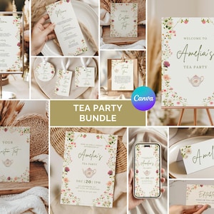 Puede incluir: Un conjunto para una fiesta de té con menús, invitaciones, carteles de bienvenida, tarjetas de mesa y etiquetas. Los diseños presentan bordes florales, una ilustración de tetera y el texto "Amelia's Tea Party".