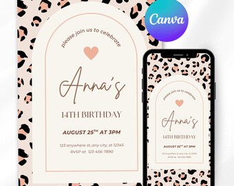 Leopard Birthday Invitation Template, Cheetah Print Birthday Invitation, Editable Template, Animal Print Invite, Digital Download, Canva