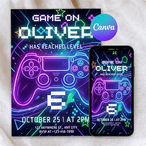 Op de afbeelding: Een digitale uitnodiging met een neon-stijl videogamecontroller-ontwerp. De uitnodiging bevat de tekst "GAME ON OLIVER HAS REACHED LEVEL 6" in een levendig paars en blauw kleurenschema. De datum en tijd zijn ook opgenomen.
