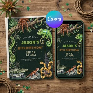Reptile Birthday Invitation, Jungle Party Invite, Snake Lizard Crocodile Theme Invite, Printable Boys Birthday Card, Editable Canva Template