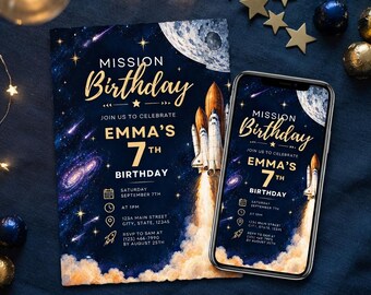 Invitación de cumpleaños espacial, invitación de cumpleaños con cohete, fiesta de cumpleaños con temática de misión espacial, celebración de lanzamiento espacial, plantilla editable de Canva, invitación digital